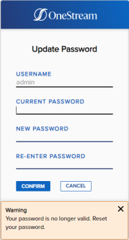 The Login dialog box has a blue banner at the top with the OneStream logo. The warning message at the bottom of the dialog box has a yellow background with black text.